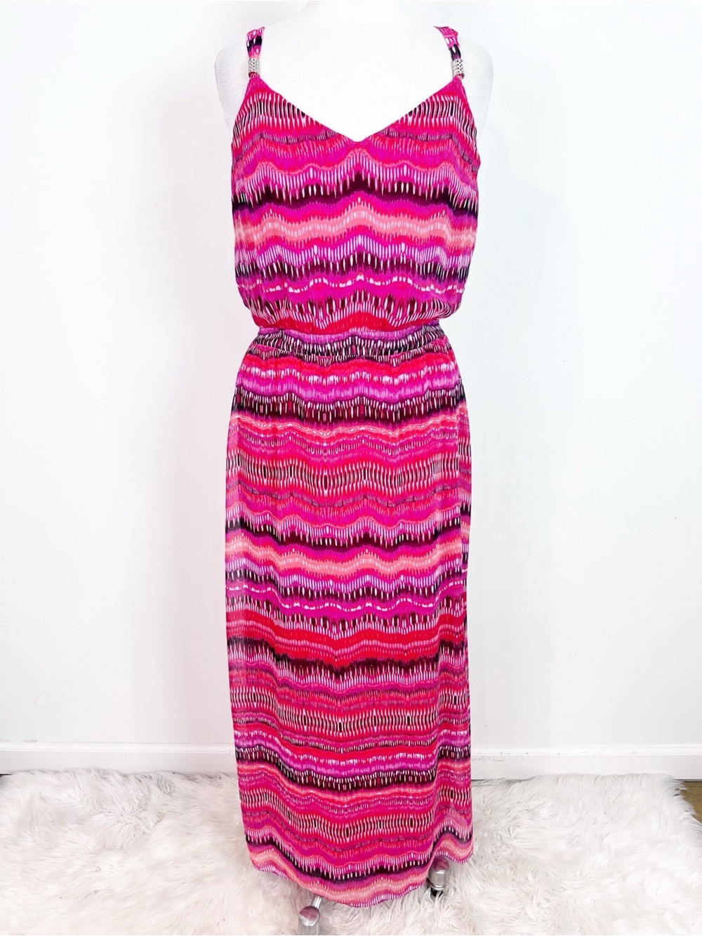 WHITE HOUSE BLACK MARKET RED ORANGE PURPLE PATTERN BOHO MAXI DRESS SZ MEDIUM